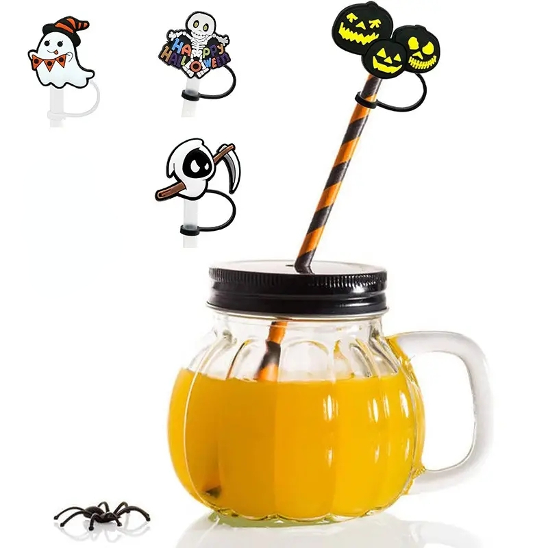 4pcs Cute Silicone Halloween Series Pumpkin Straw Dust Cover Cap For 8-10mm  Diameter Straws