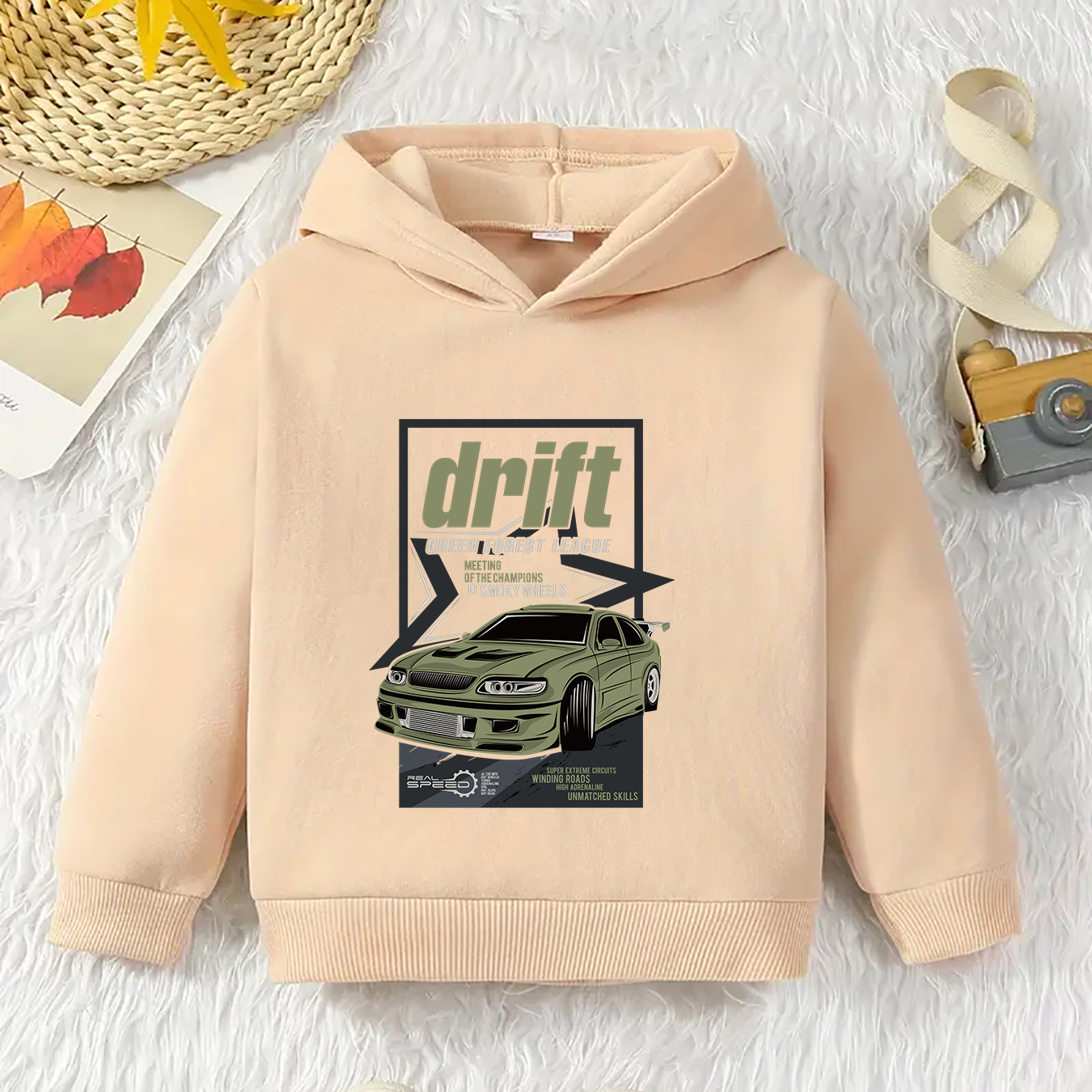 

Drift Green Car Print Kid's Hoodie, Cartoon Pattern Pullover, Casual Hooded Long Sleeve Top, Boy's Clothes For Spring Fall