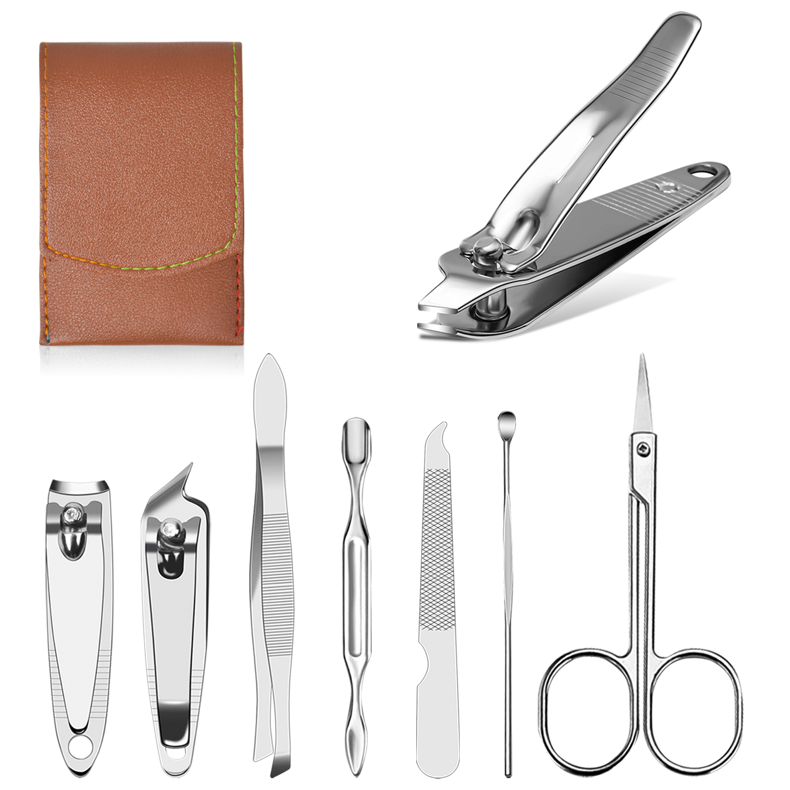 German Manicure Set For Home With Nail Clippers And Toe Nail Clippers,  Portable Green Folded Case (7pcs/set)