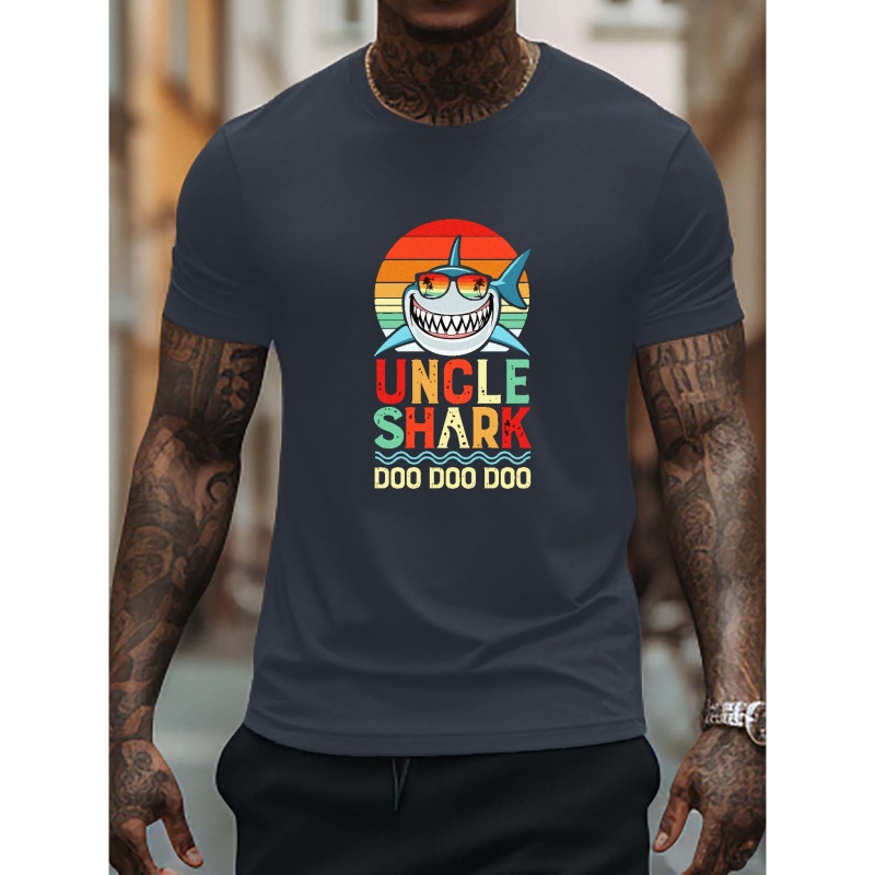 

Uncle Shark Graffiti Graphic Print, Men's Novel Graphic Design T-shirt, Casual Comfy Tees For Summer, Men's Clothing Tops For Daily Activities