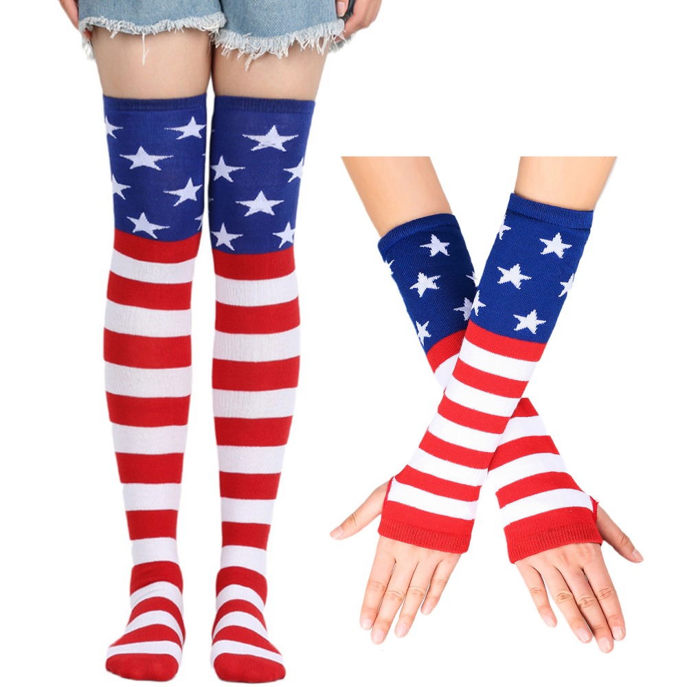 

American Flag Striped Thigh Socks Gloves Set Women's Stocking Stuffers Christmas Gift