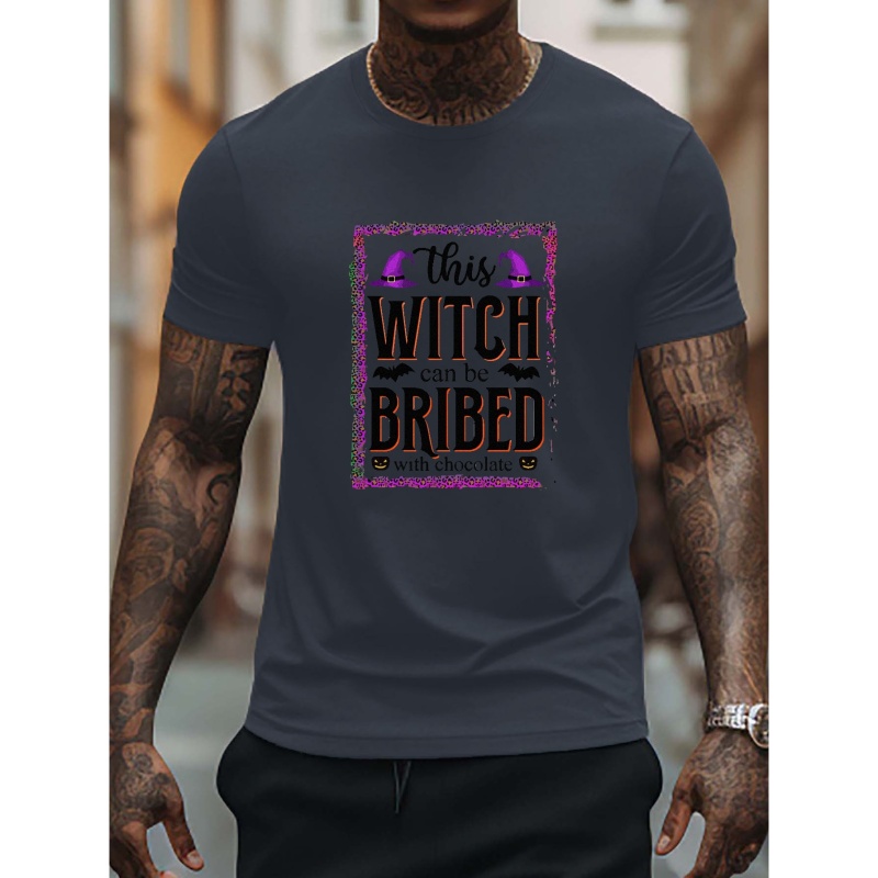 

'this Witch Can Be Bribed...' & 'precaucion Suelta' Print Tees For Men, Casual Quick Drying Breathable T-shirt, Short Sleeve T-shirt For Running Training, All Seasons