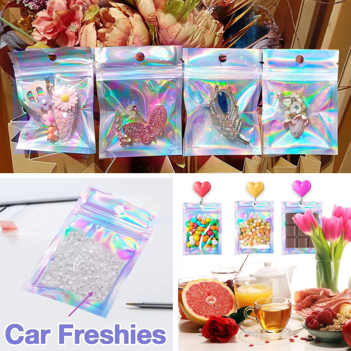 100 PCS Mylar Holographic Bags Packaging Bags, Glossy Resealable Smell  Proof Foil Pouch Bags for Food Storage and Candy,Jewelry,Sample,Party Favor