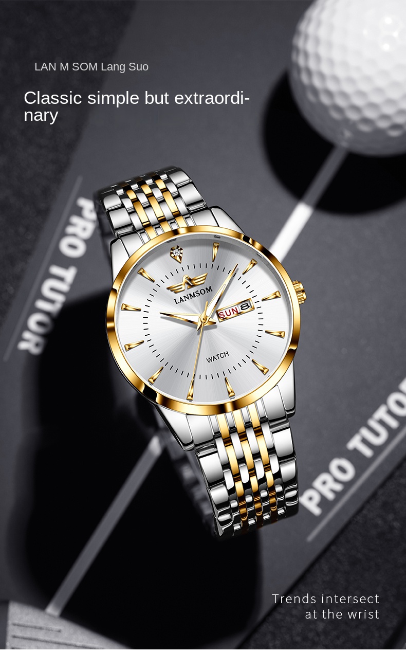 popular     mens stainless steel quartz watch with calendar waterproof business   details 0