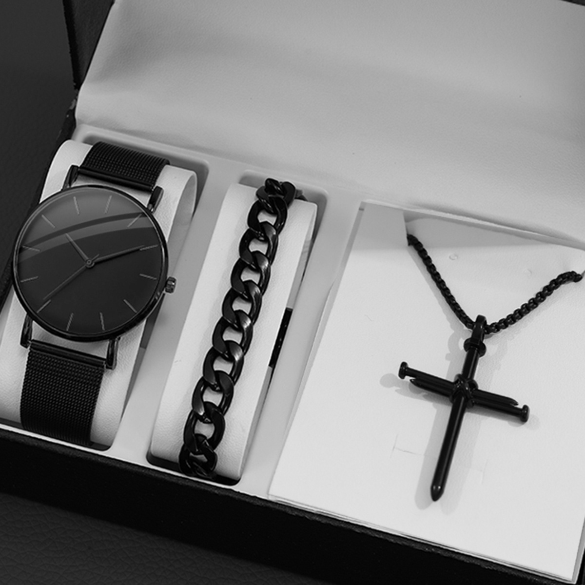 1pc Men's Black Quartz Watch & 1pc Bracelet,Temu