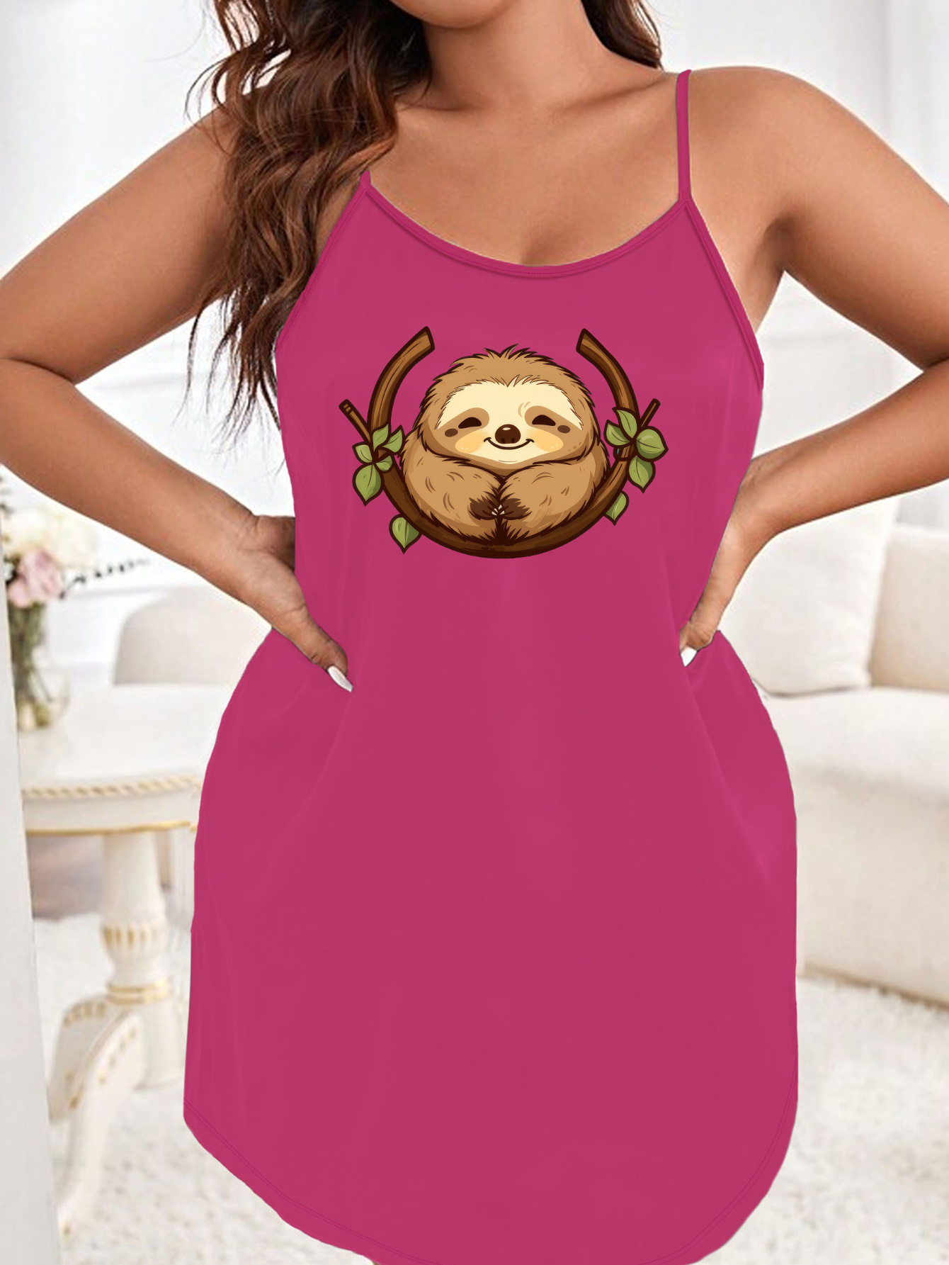 Plus Size Casual Nightdress Womens Plus Cute Sloth Print Scoop Neck Medium  Stretch Cami Sleep Dress - Women's Curve Clothing - Temu Romania