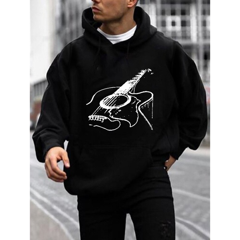 

Guitar Print Hoodie, Cool Hoodies For Men, Men's Casual Graphic Design Pullover Hooded Sweatshirt With Kangaroo Pocket Streetwear For Winter Fall, As Gifts