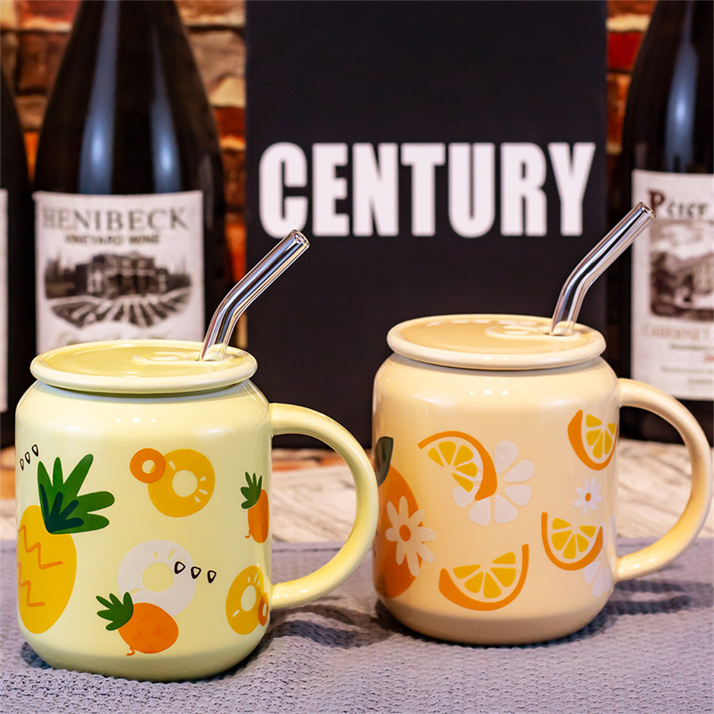 New Cute Fruit Ceramic Mug With Straw