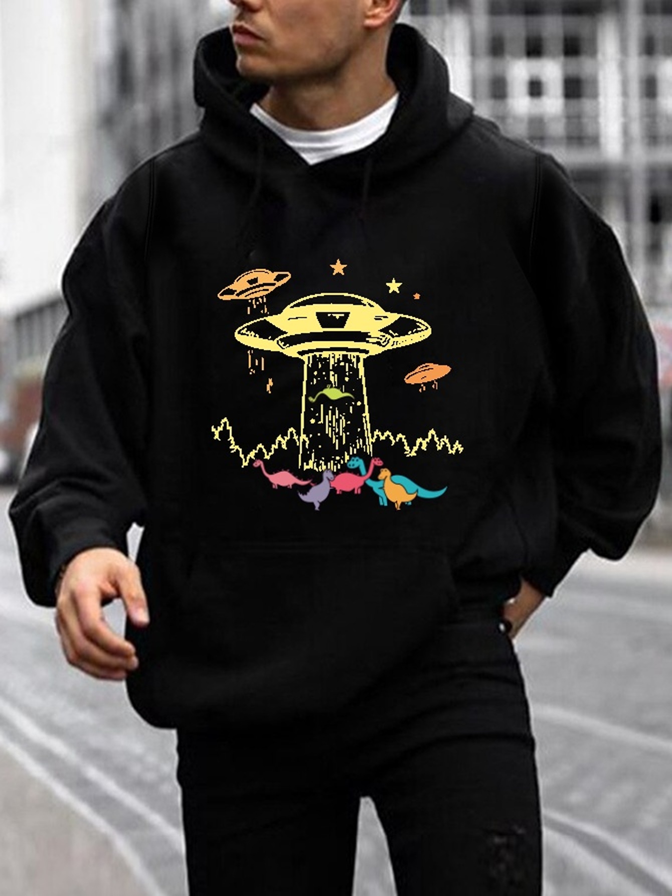 UFO & Alien Print Hoodie, Cool Hoodies For Men, Men's Casual Graphic Design  Pullover Hooded Sweatshirt With Kangaroo Pocket Streetwear For Winter Fall