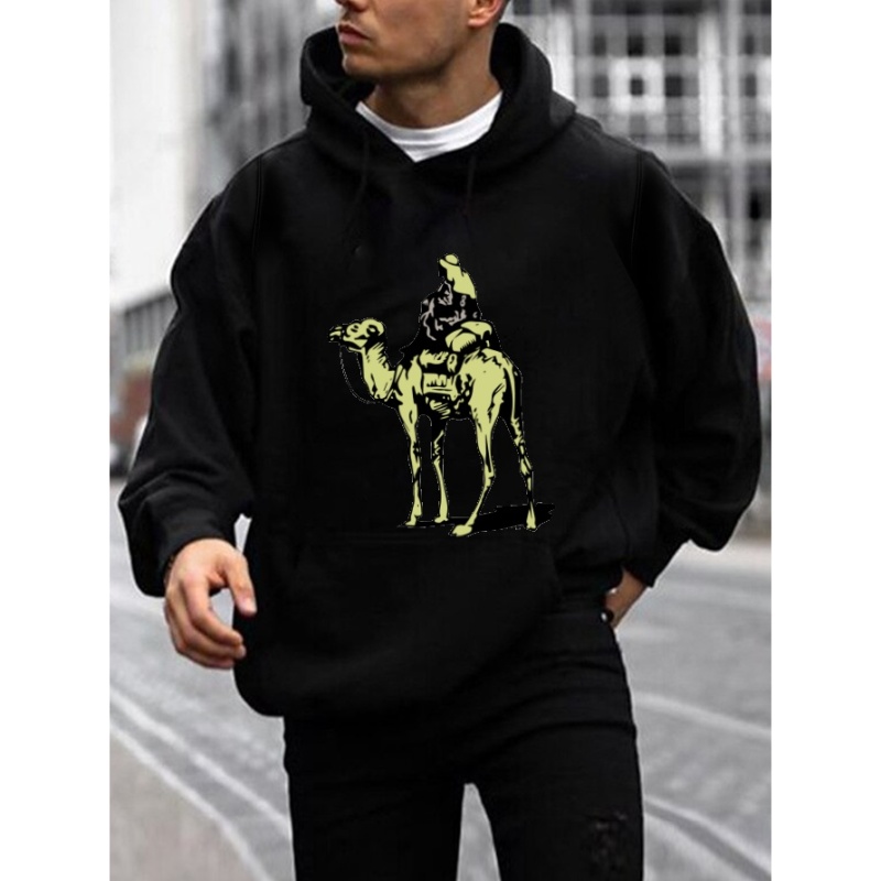 

Camel Print Hoodie, Cool Hoodies For Men, Men's Casual Graphic Design Pullover Hooded Sweatshirt With Kangaroo Pocket Streetwear For Winter Fall, As Gifts