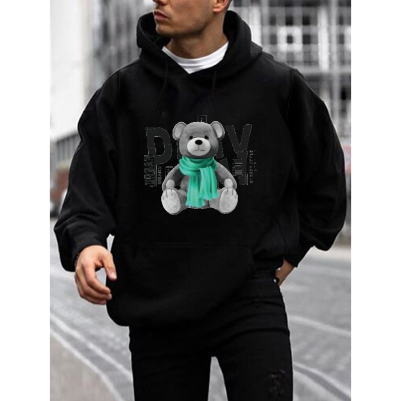 

Bear Doll Print Hoodie, Cool Hoodies For Men, Men's Casual Graphic Design Pullover Hooded Sweatshirt With Kangaroo Pocket Streetwear For Winter Fall, As Gifts