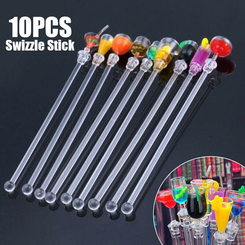 10 Pcs Colorful Sturdy Cocktail Stirrer Swizzle Sticks Transparent Acrylic 23cm/9inch for Cocktail Fruit Juice