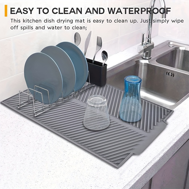 1pc Foldable Sink Dish Drying Mat, Simple Grey Stainless Steel