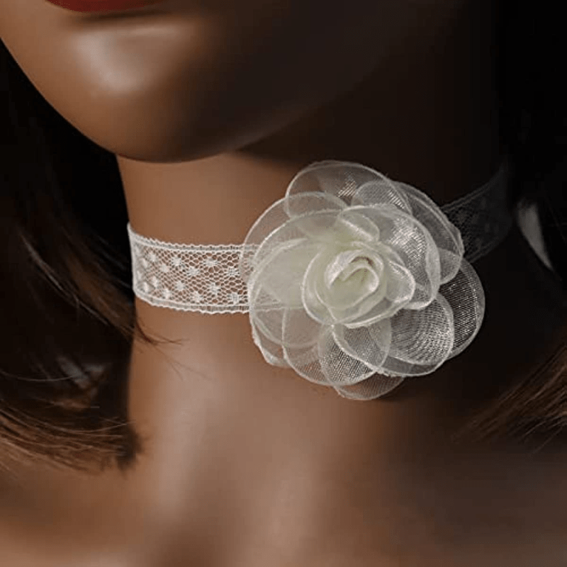  Todu White Choker Camellia Flower Lace-up Necklace