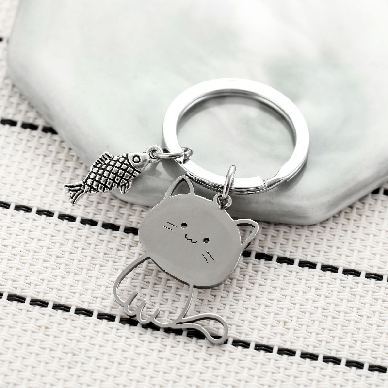 Cat Eating Fish Stainless Steel Key Ring for Men, Cute Cartoon Cat Ornaments Key Chain,Temu