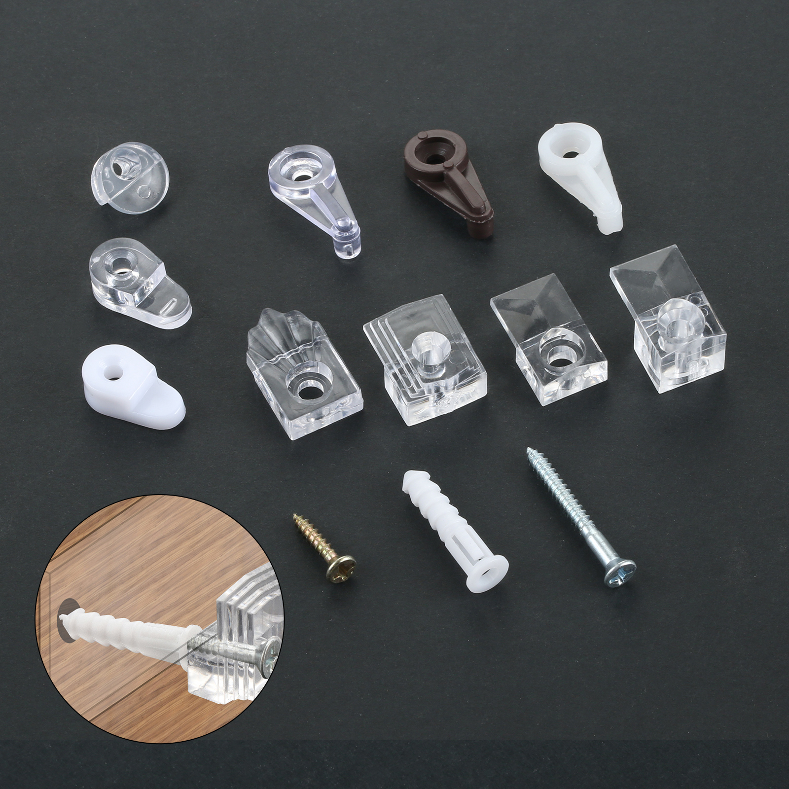 10pcs Plastic Glass Retainer, Transparent/White Mirror Cabinet Fix Clips,  Glass Panel Corner Brackets, W/ Screw Furniture Hardware