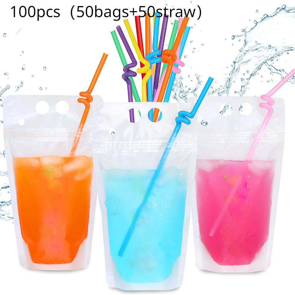 Plastic Beverage Bags Clear Straw Juice Drink Pouch Stand Up Juice