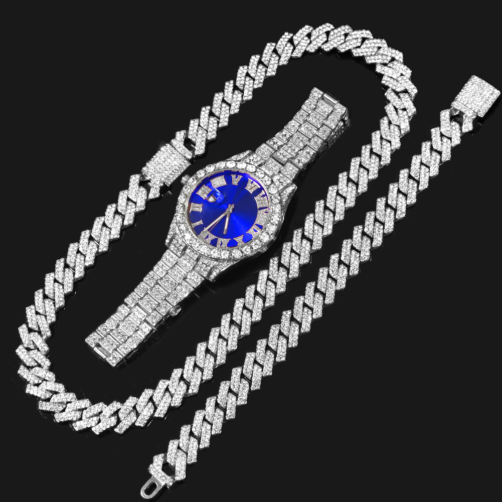 Set of Iced Out Watch Cuban Link Necklace Cuban Chain 