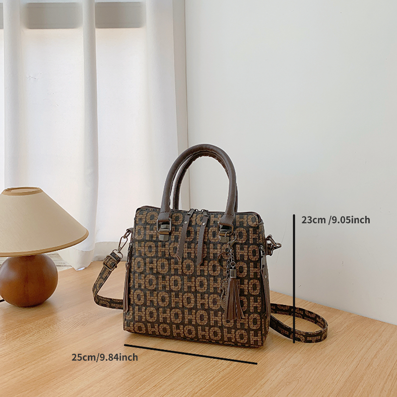 Fashion Letter Printed Handbag, Top-handle Tassel Tote Handbag With  Shoulder Messenger Bag & Card Holder - Temu