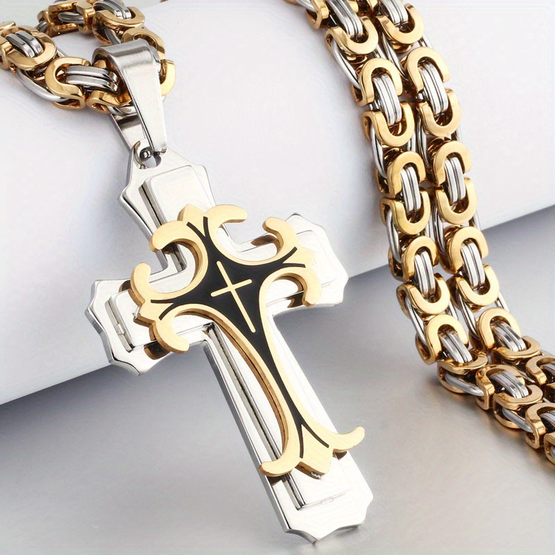 mens vintage flat handmade necklace with multilayer   stainless steel cross pendant necklace jewelry details 2