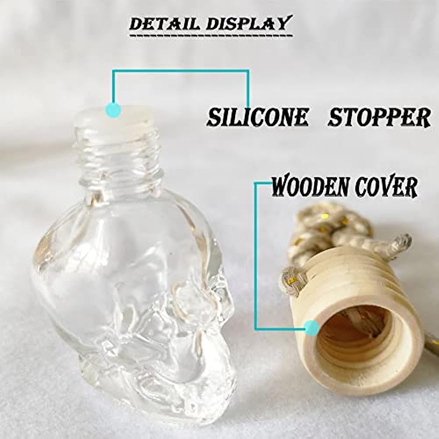 5pcs Small Skull Glass Refillable Liquid Bottle With Hanging Wooden Cap  Soft Stopper Rfor Aromatherapy Mixture, Car Air Freshener Perfume & DIY  Bottle