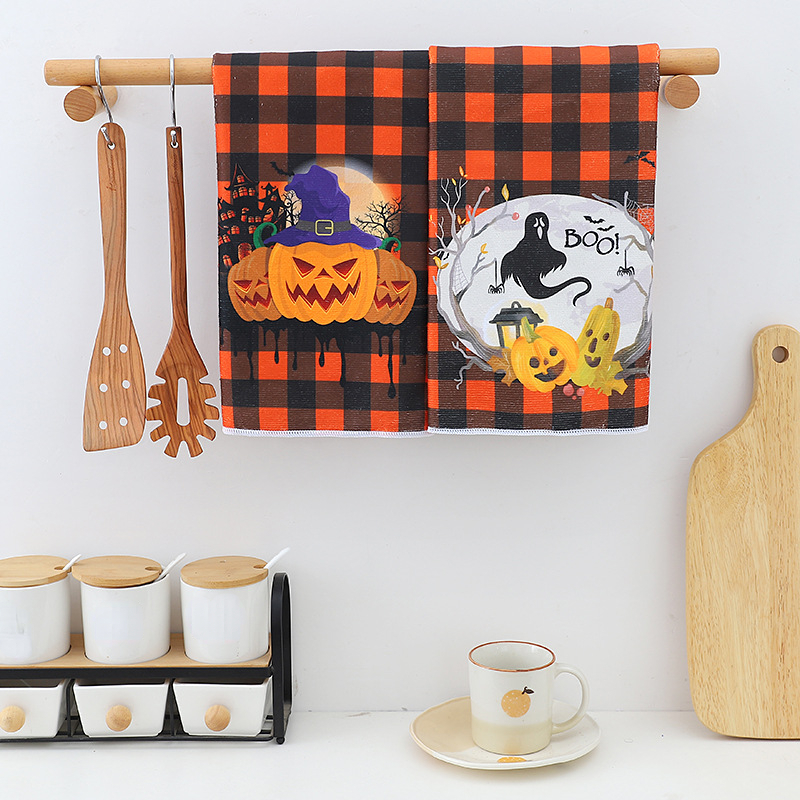 2pc Rustic Farmhouse Pumpkin & Cat Plaid Halloween Kitchen Hand Dish Towels