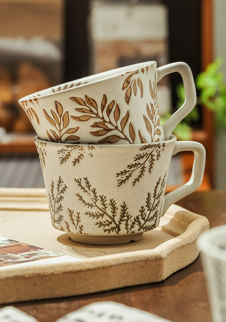 Ceramic Coffee Cup Coffee Cup With Natural Plant Pattern - Temu