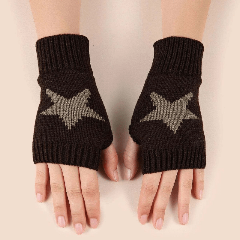 Autumn Winter Knitted Gloves Y2k Unisex Pentagram Pattern Half