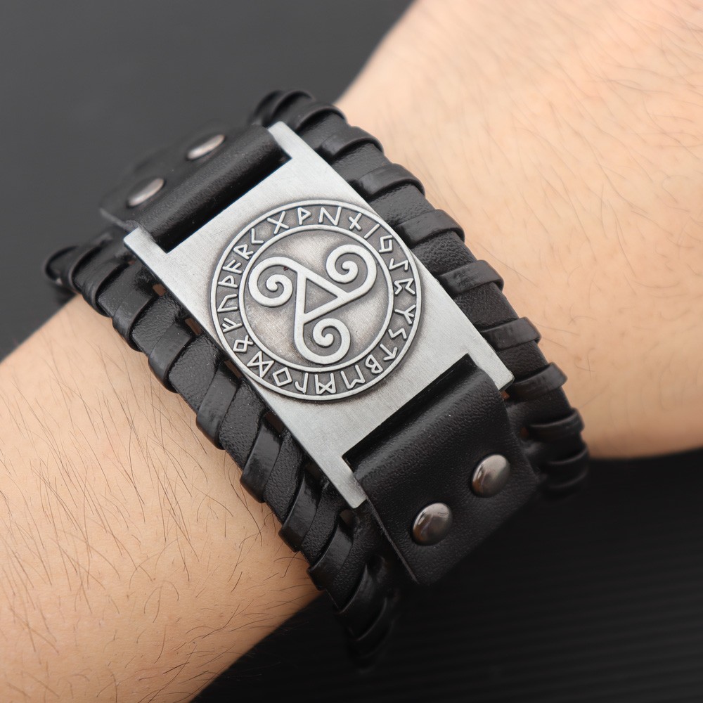 Four Multilayer Strap Black Leather Bracelet with Stainless Steel