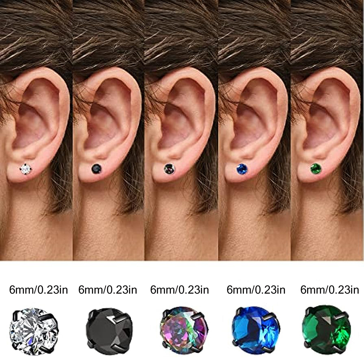 Squared Cubic Zirconia Ear Studs for Men - Pair 6mm