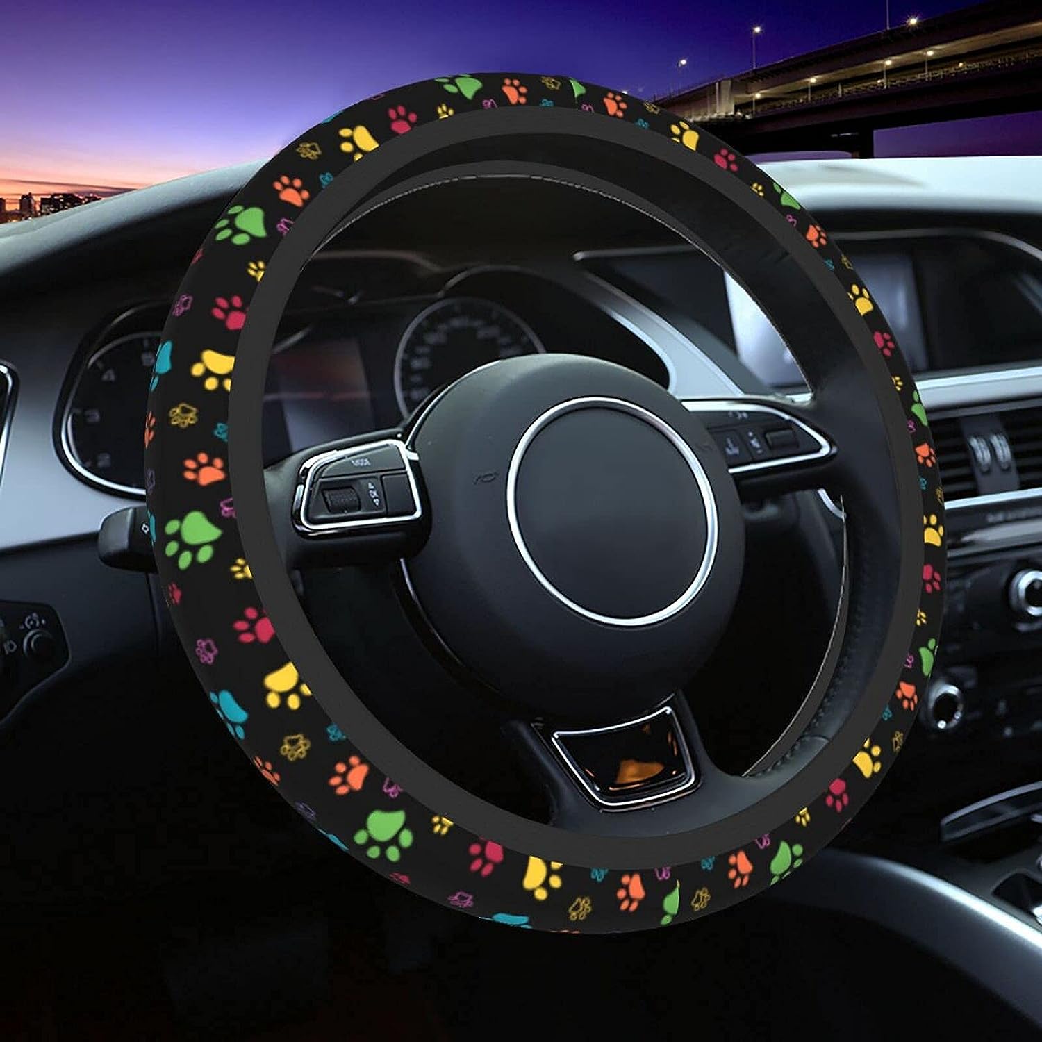 Dog Paw Print Steering Wheel Covers Universal 15 Inch Non Slip Neoprene Steering Wheel Protector Cover