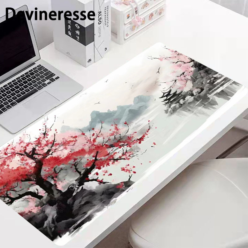 

Ink Style Cherry Plum Gaming Mouse Pad Desk Mat Desk Pad Large Gaming Mousepad Office Keyboard Pad Computer Mouse Non-slip Computer Mat Stitched Edges Mousepad, Long Mouse Pad