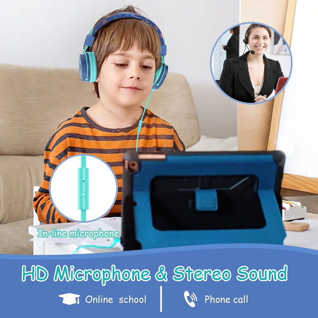 Auriculares para niños con micrófono, auriculares sobre la oreja para  niños, límite de volumen seguro de 85/94 dB, función de compartir, sonido  HD