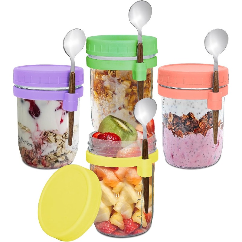 1 pc,350ml Overnight Oats Containers with Lids and Spoon, 16 Oz Glass  Container to Go for Chia Pudding Yogurt Salad Cereal Meal Prep