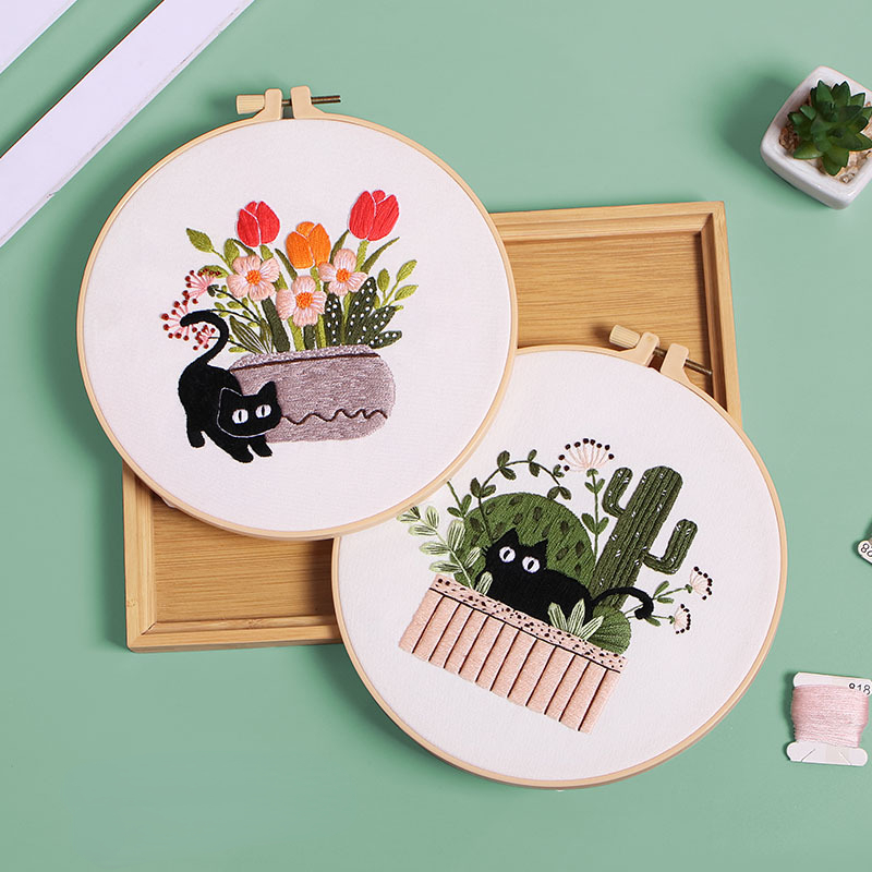 Modern Art Black Cat Embroidery Kit Cactus Plant Stamped Houseplant Cloth  Cross Stitch Kits with Bamboo Hoops – HeartCasa