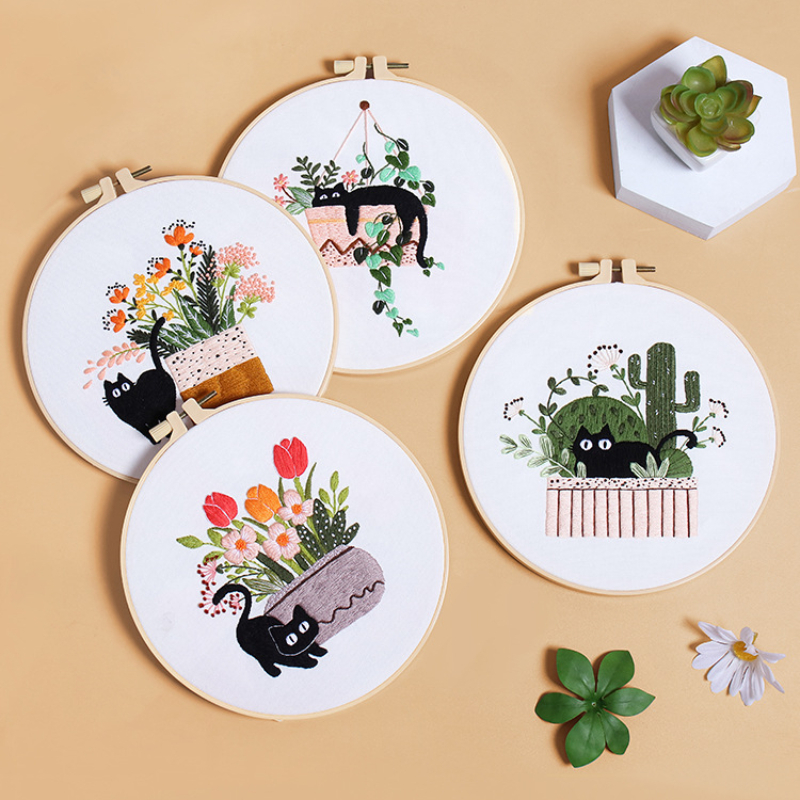 Flower Black Cat Pattern Embroidery Kit Needlework Tools - Temu