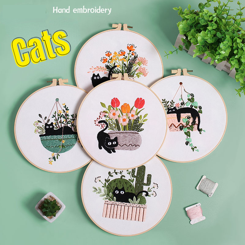 3d Cactus Black Cat Embroidery Starter Kit For Beginners - Temu