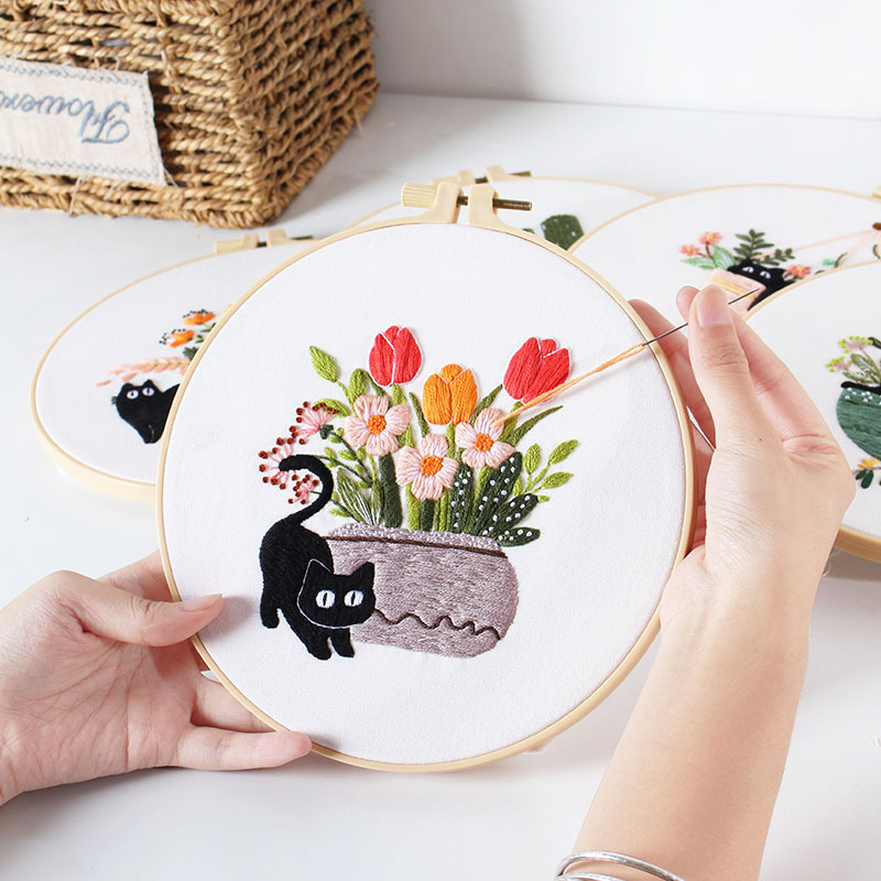 Cat Embroidery Kit black Background Embroidery for Beginners DIY
