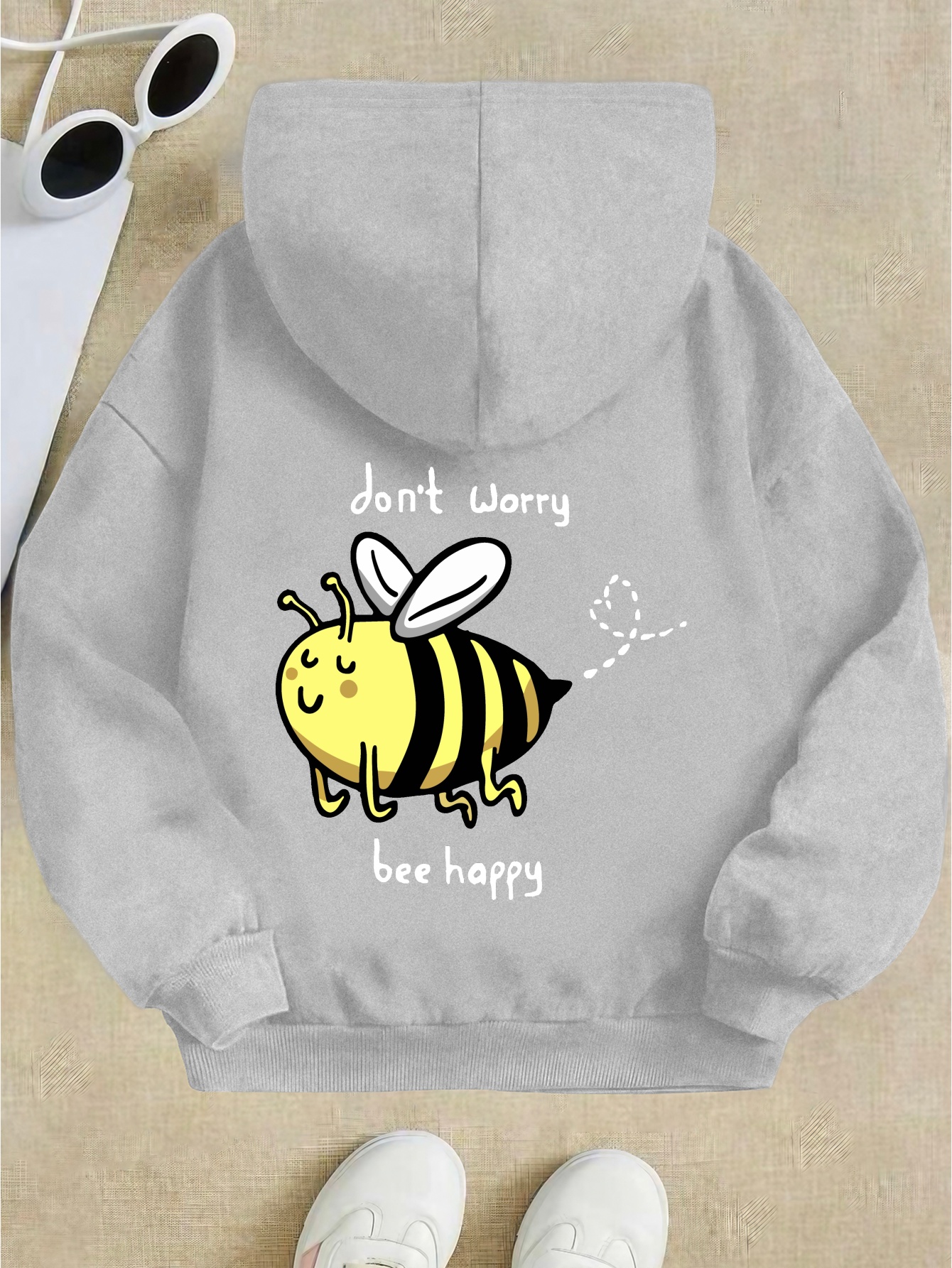 Cartoon Happy Bee Print Kids Girls Hoodie Back Graphic Hooded