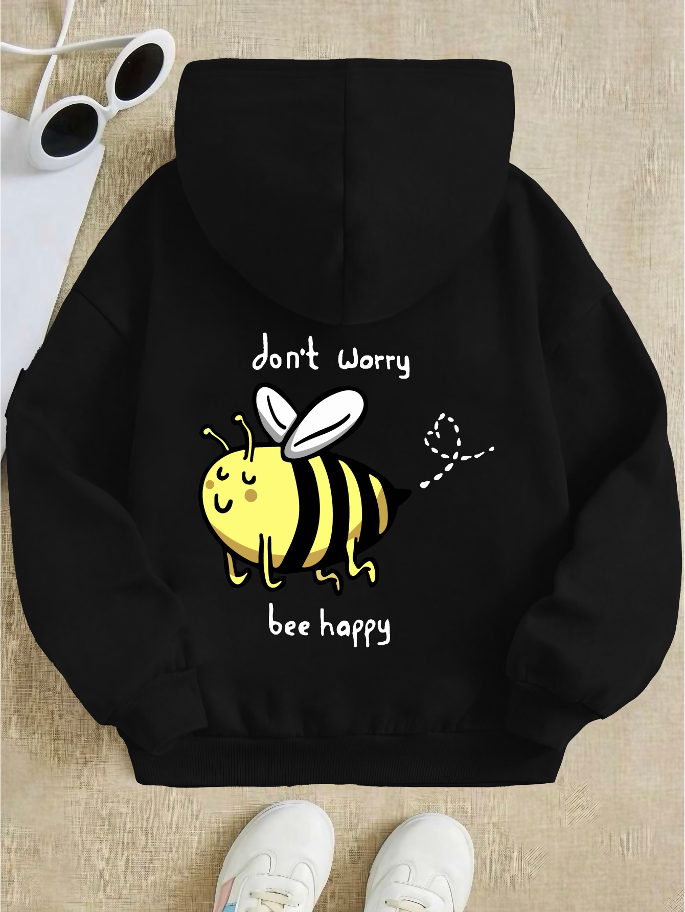 Cartoon Happy Bee Print Kids Girls Hoodie Back Graphic Hooded