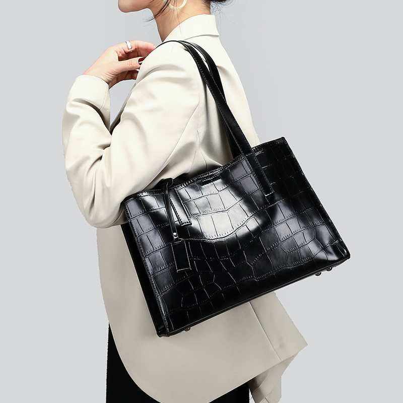 Retro Crocodile Print Large Tote Bag For Women With Zipper Green Black  Ladies Leather Shoulder Bag Big Office Handbags Shopper