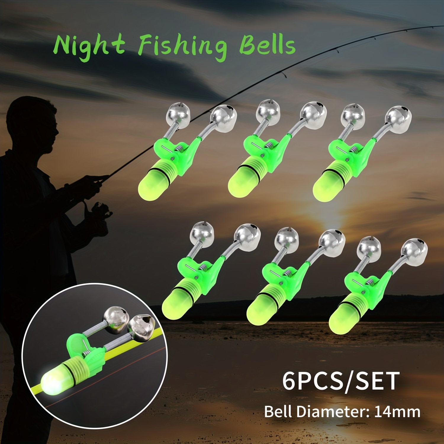 ETOP】Fluorescent Fishing Rod Pole Tip Clip Twin Bell Alarm Alert Ring Glow  In The Dark Fishing Tackle Box Accessory Tool