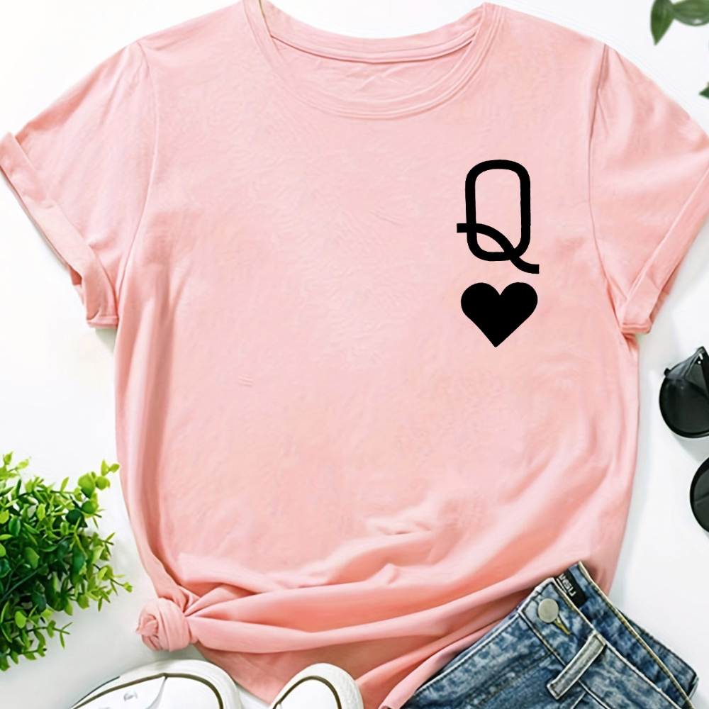 

Plus Size Casual T-shirt, Women's Plus Letter & Heart Print Short Sleeve Round Neck Slight Stretch Top