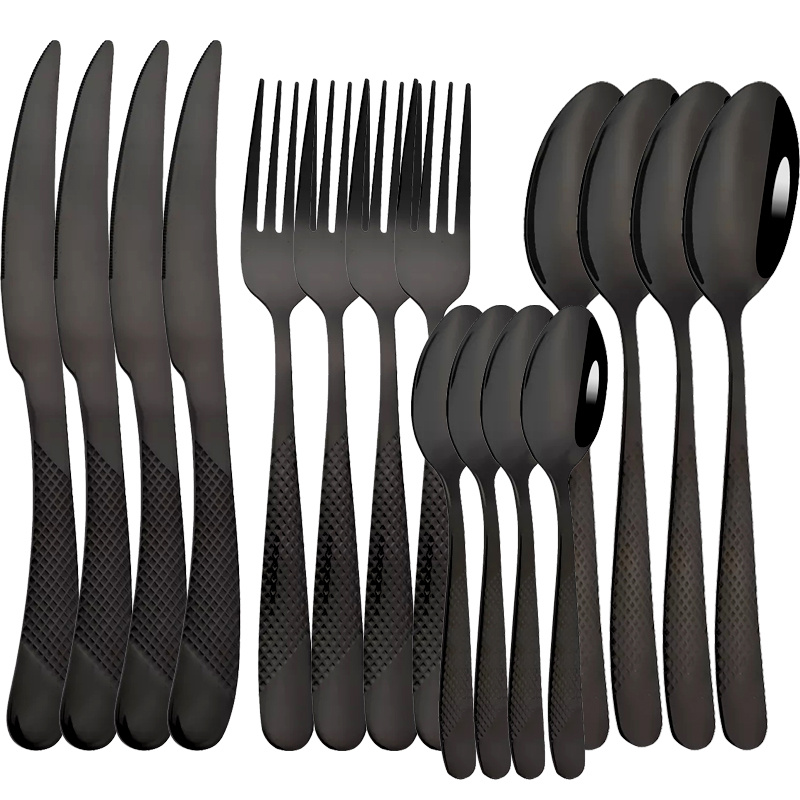 Juego de cubiertos negros de acero inoxidable de 20 piezas, servicio para  4, cubiertos pulidos con espejo para cocina del hogar, juego de utensilios