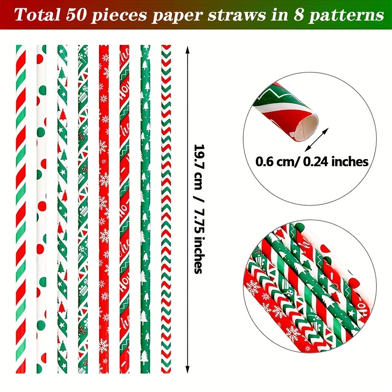 25PCS Christmas Paper Straws 8 Styles Striped Christmas Tree