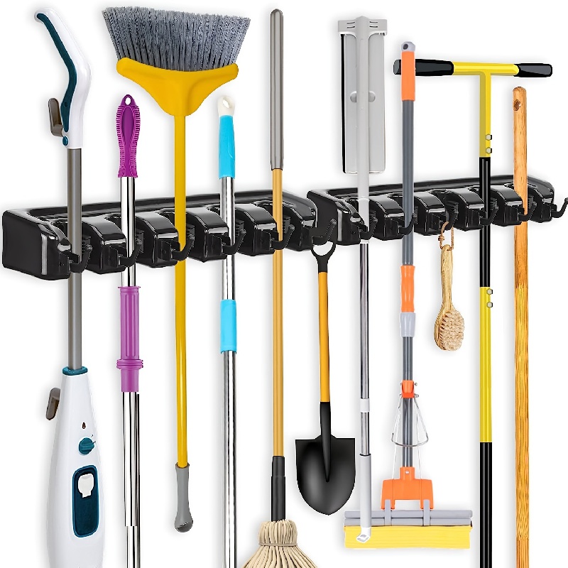 Mop and Broom Holder Wall Mount Dinosam Heavy Duty Broom Garden Tool Organizer  Mop Hanger Home Cleaning Supplies Organizations Storage Rack for Garage(2  Positions, 3 Hooks) 