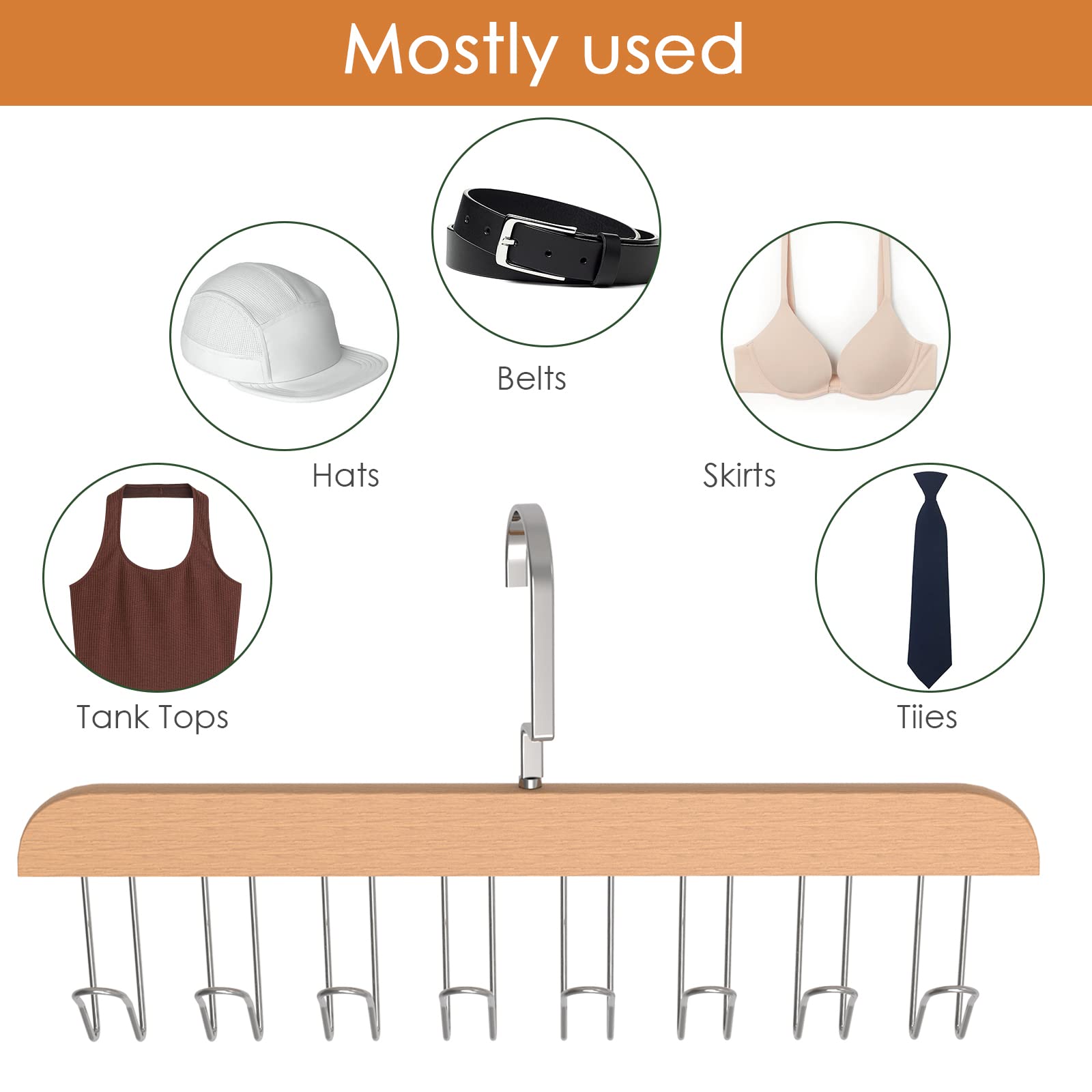 2pcs wooden clothes hanger with 8 hooks bra space saving hangers heavy duty   with 360 rotating hooks closet wardrobe organizer for tank tops camisole bathing suits bras scarfs details 5