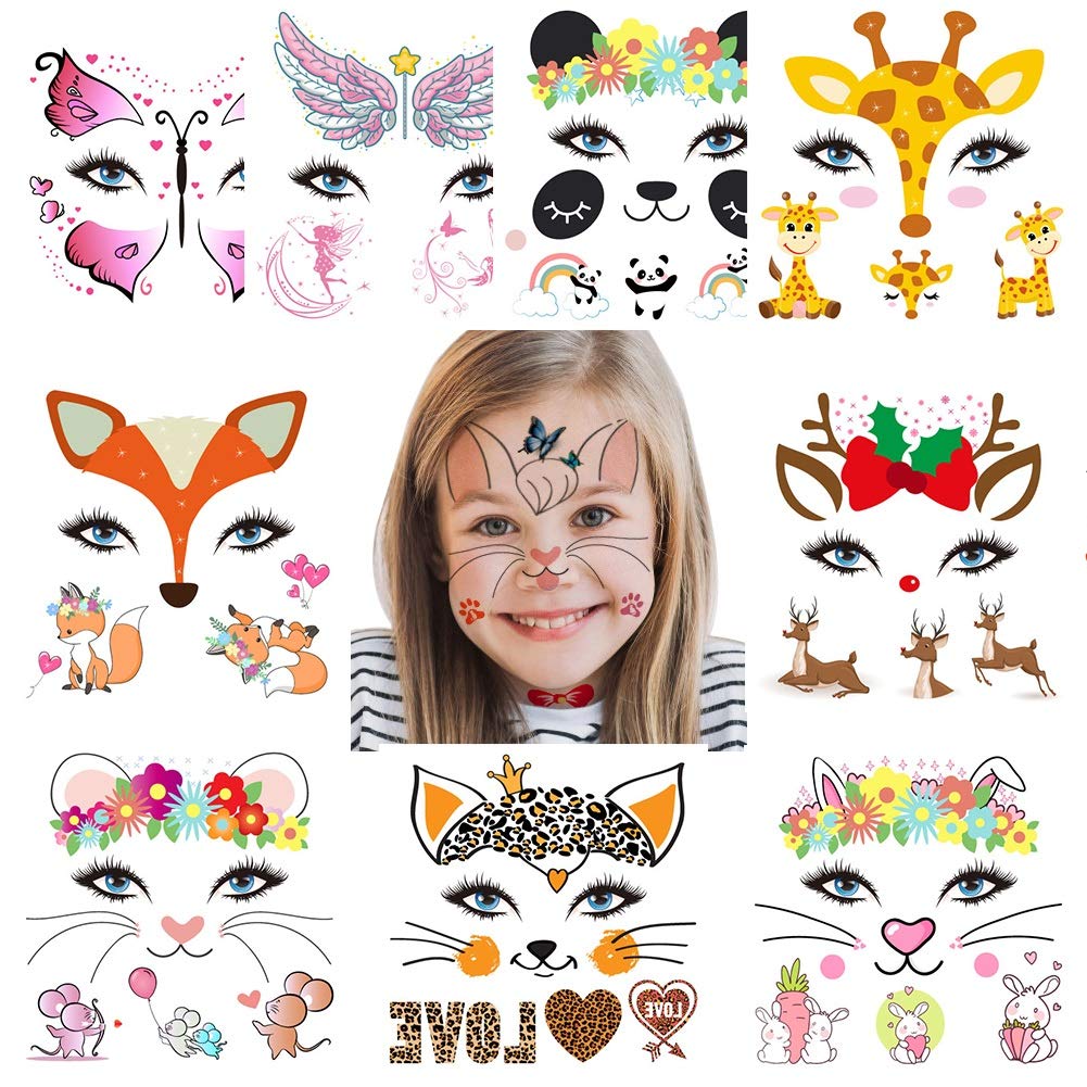 

10pcs, Animal Temporary Face Tattoo Sticker Set For Kids Adults, Water Transfer Butterfly Panda Deer Giraffe Fairy Floral Festival Body Paint Stickers, Makeup Decoration Stickers For Halloween Decor
