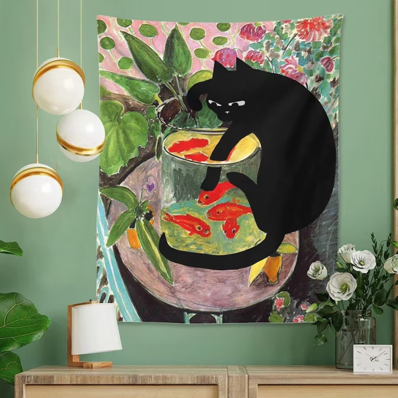 1pc 黒猫タペストリー壁掛け猫と金魚美的部屋の装飾熱帯植物アート