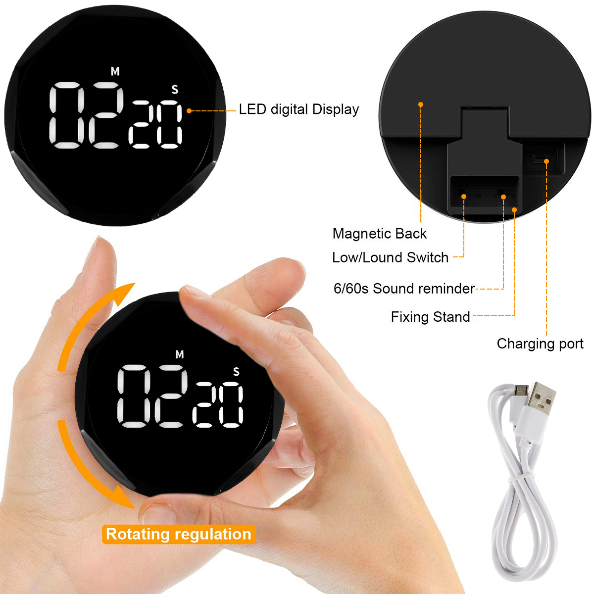 Rechargeable Kitchen Timers,Magnetic Productivity Timer With LED